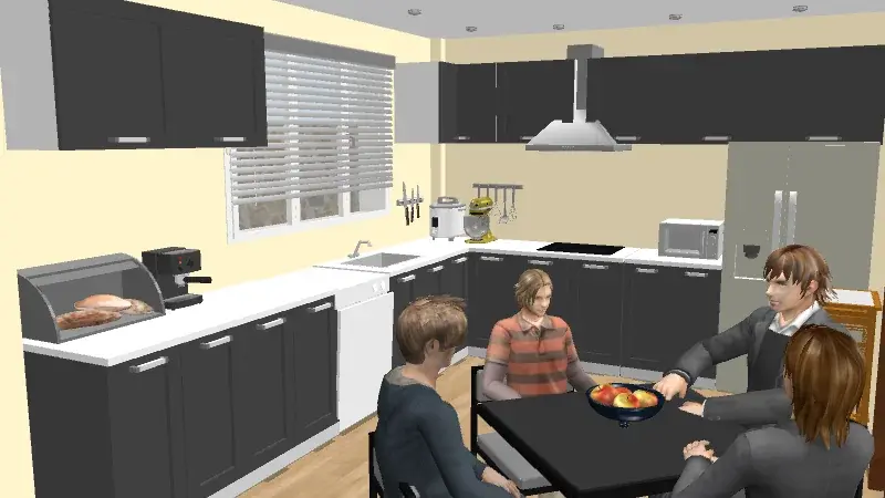Renderizado 3D de una cocina moderna y familiar