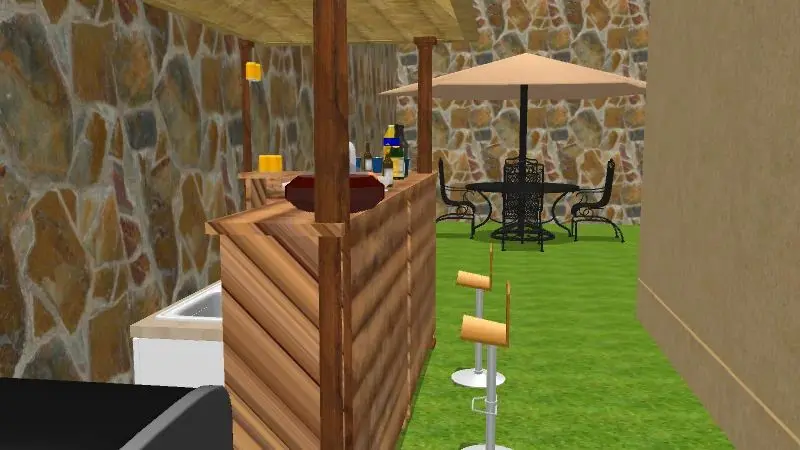 Zona de chiringuito y bar exterior con muebles de madera