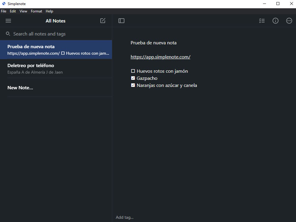 Captura de pantalla de Simplenote ejecutado como app en el ordenador