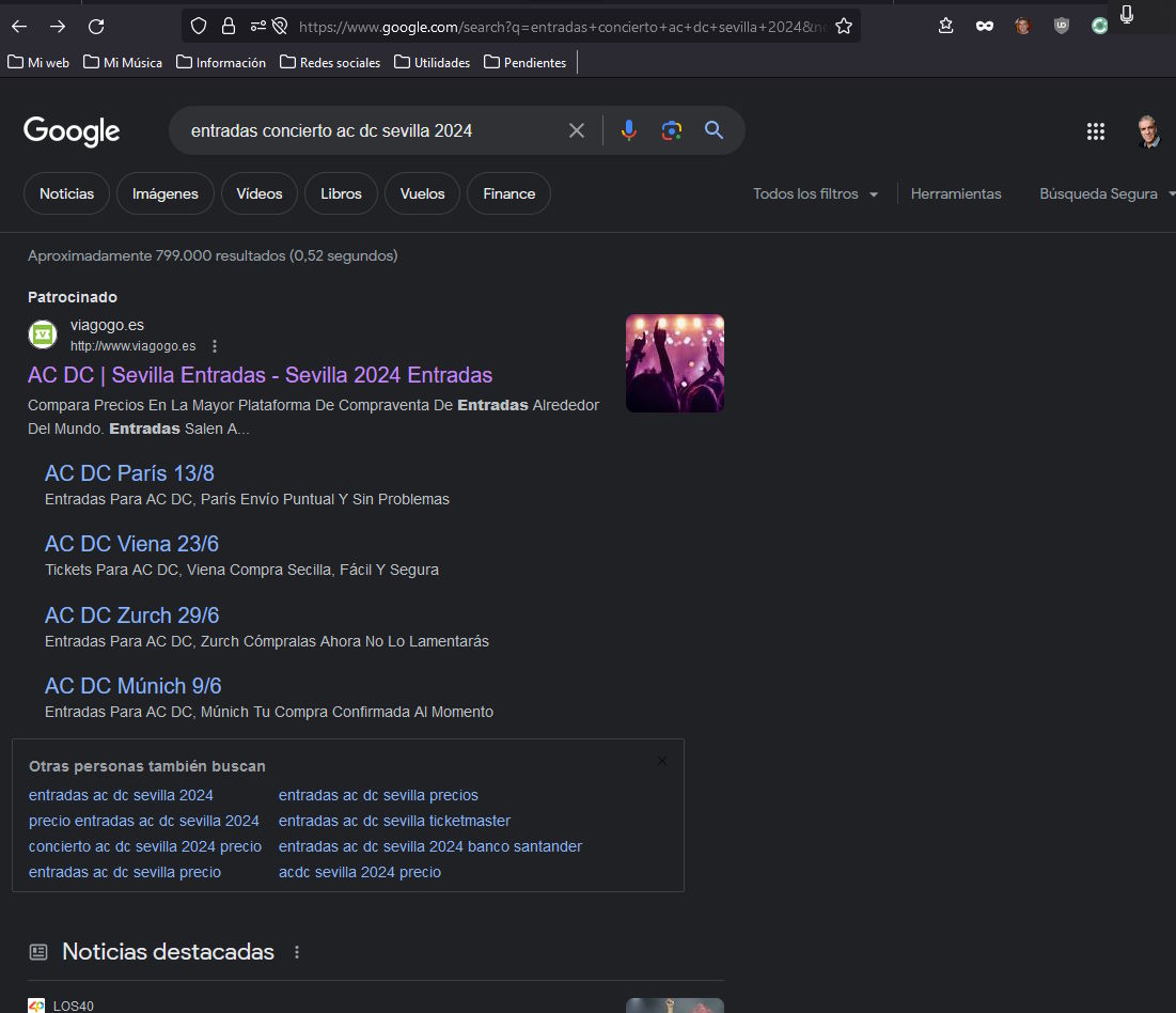 Captura de pantalla de una búsqueda de entradas para AC DC en Sevilla 2024