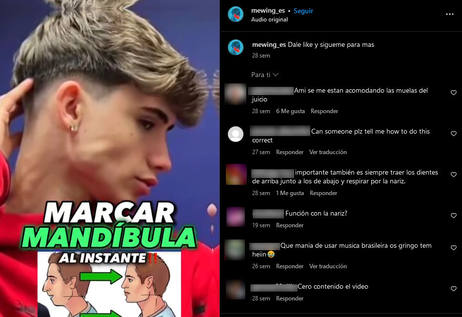 Captura de la cuenta de Instagram dedicada al mewing en español donde prometen marcar mandíbula al instante