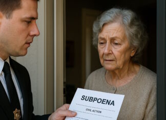 Spam: Notificaciones de multas y procedimientos judiciales Momento en el que un funcionario judicial imaginario entrega una citación a una anciana en la puerta de su casa