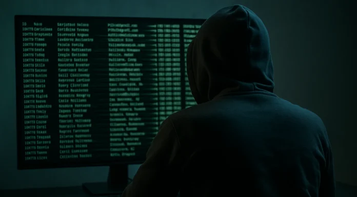 Hacker mirando una pantalla llena de datos personales