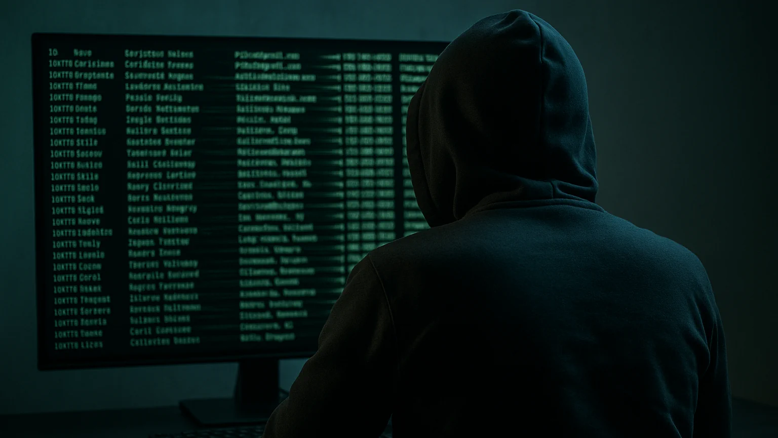 Hacker mirando una pantalla llena de datos personales