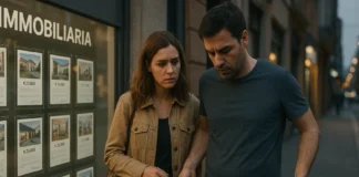 Un hombre explica gráficamente a su pareja que no pueden comprar una vivienda