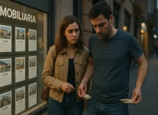Un hombre explica gráficamente a su pareja que no pueden comprar una vivienda