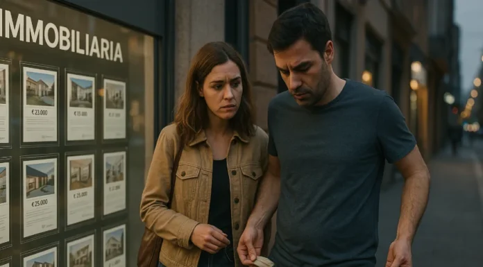 Un hombre explica gráficamente a su pareja que no pueden comprar una vivienda