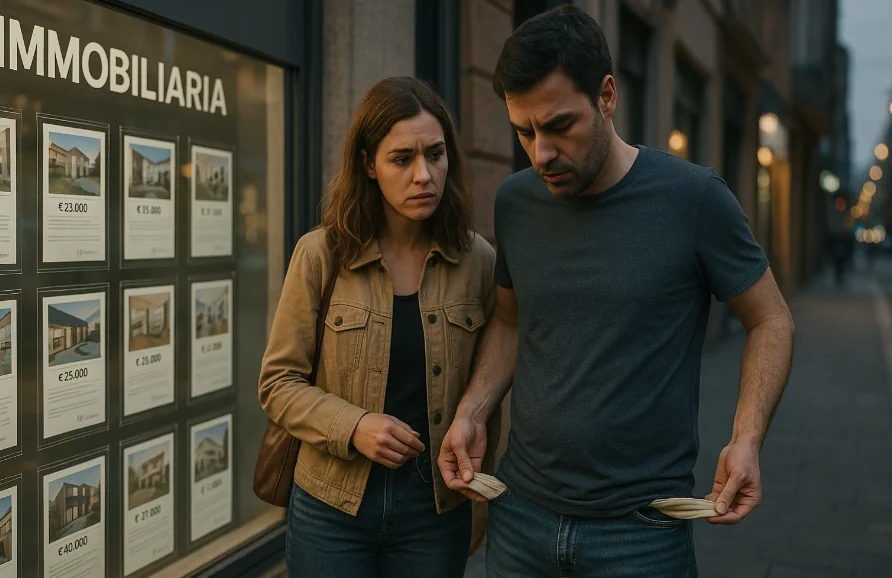 Un hombre explica gráficamente a su pareja que no pueden comprar una vivienda