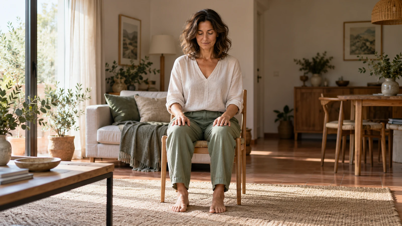 Mujer sentada en una silla junto a una ventana para una práctica breve de atención.