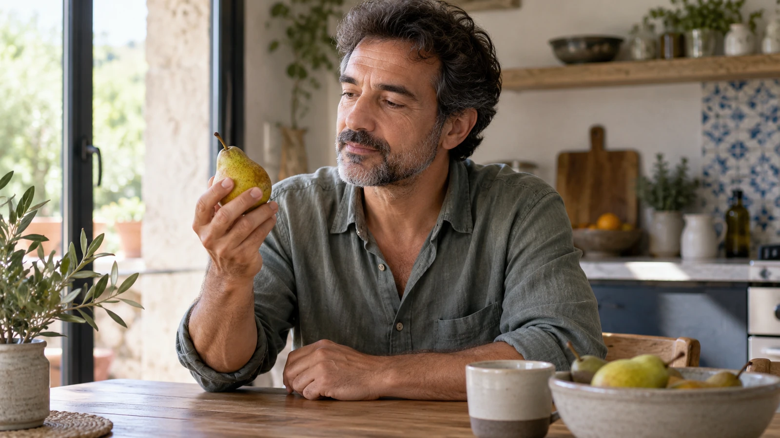 Hombre observando una pera en una mesa de cocina.