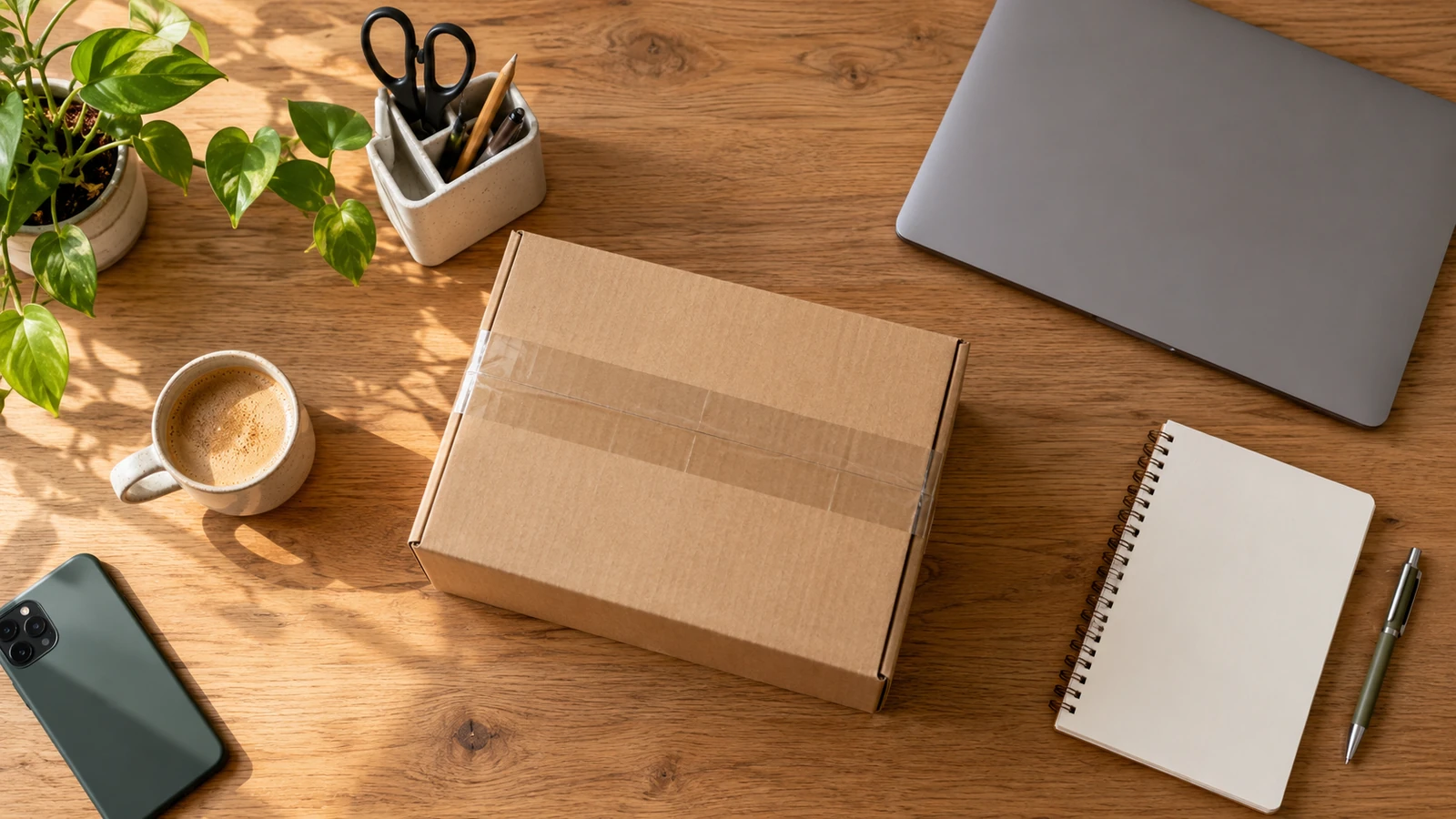 Caja de cartón cerrada sobre una mesa de madera junto a un portátil, una libreta, un móvil y una taza de café.