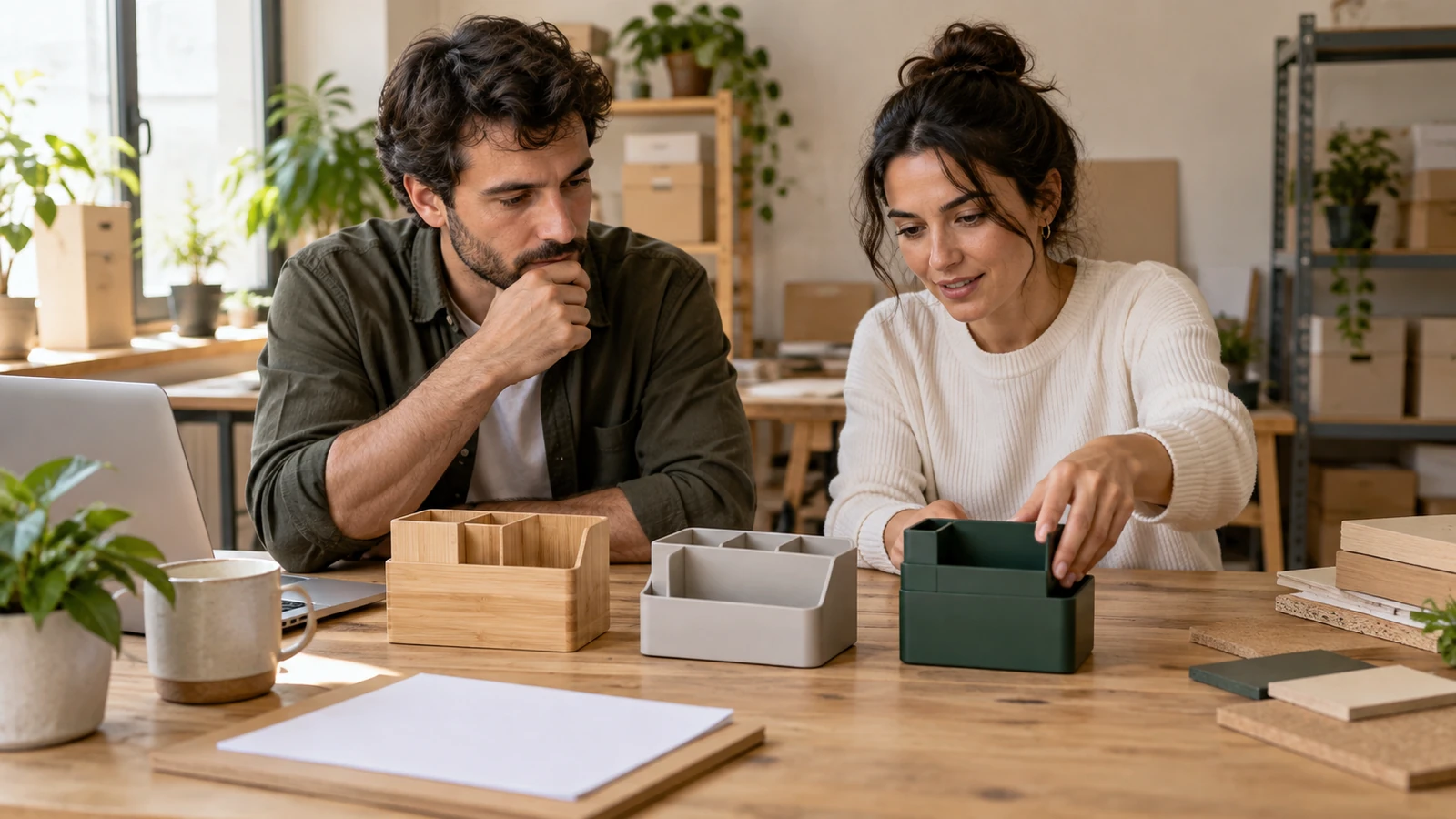 Dos personas comparan organizadores de distintos materiales y colores sobre una mesa junto a un portátil.