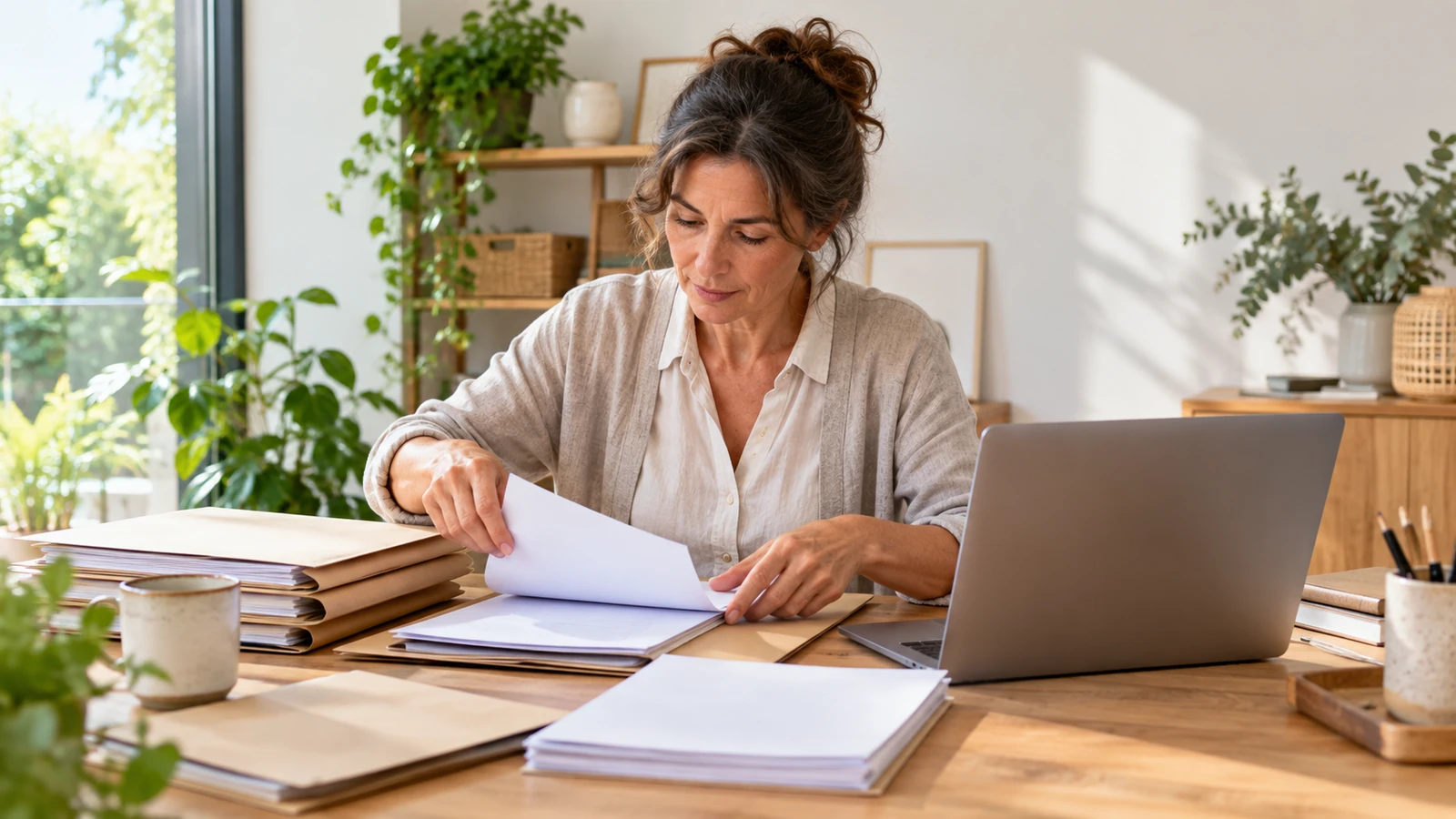 Una mujer revisa documentos en una mesa con carpetas y un portátil en un pequeño espacio de trabajo.