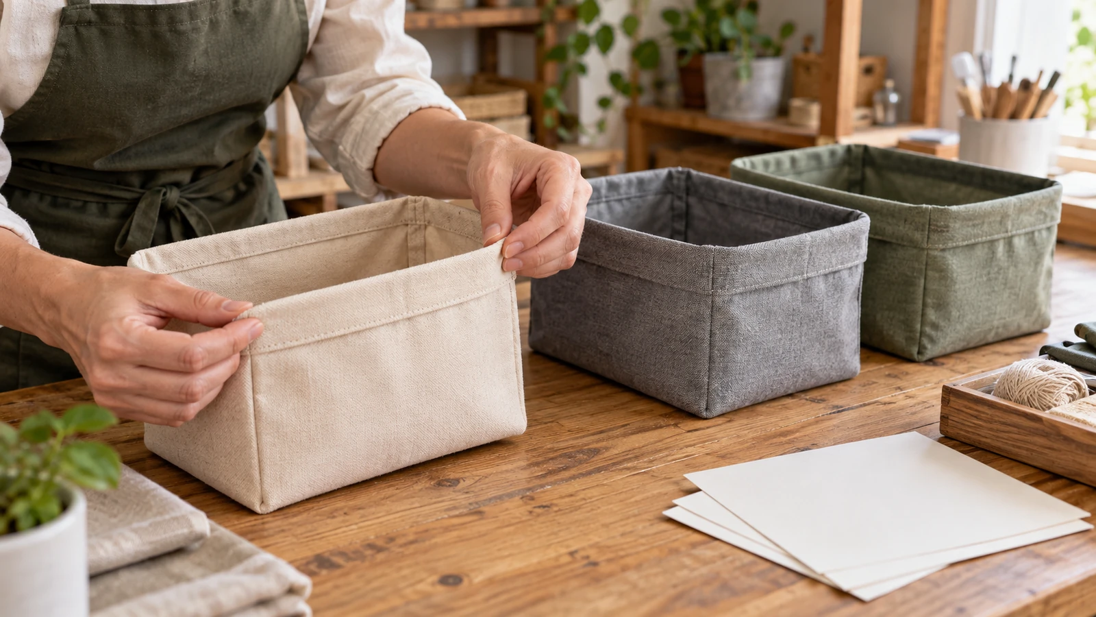 Unas manos revisan una caja organizadora de tela clara junto a otras cajas grises y verdes sobre una mesa.