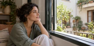 Mujer escuchando el entorno junto a una ventana abierta.