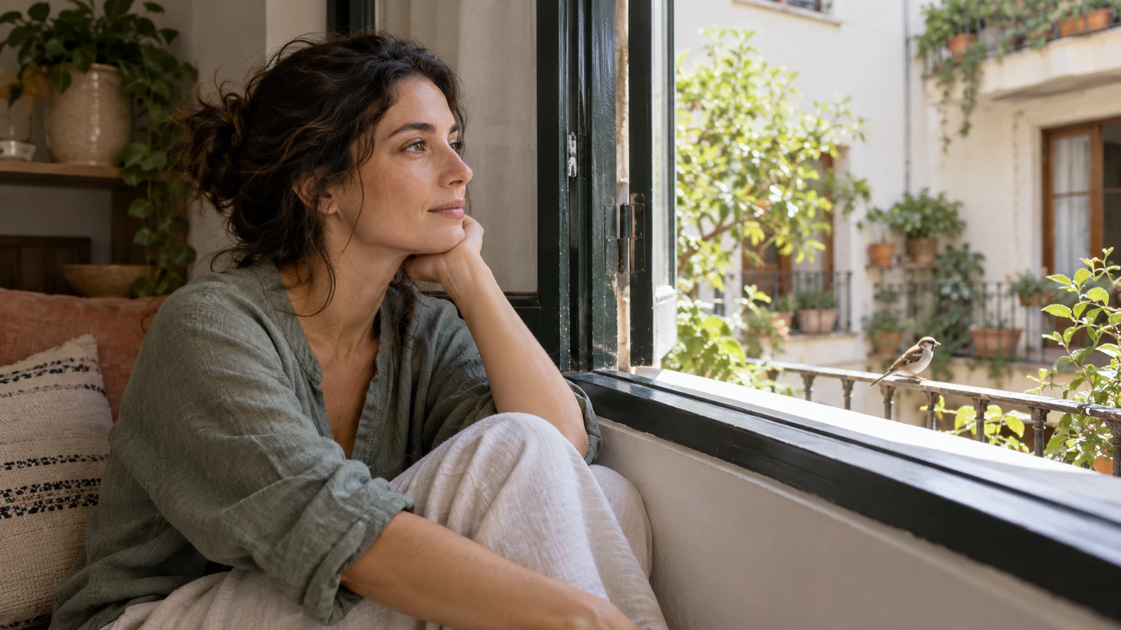Mujer escuchando el entorno junto a una ventana abierta.