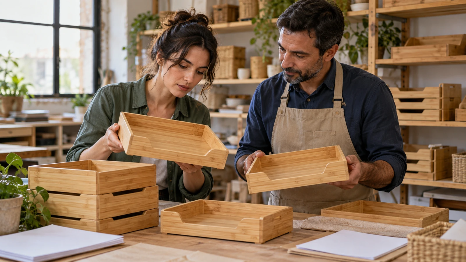 Dos personas examinan bandejas de madera junto a cajas y otros materiales en una mesa de trabajo.