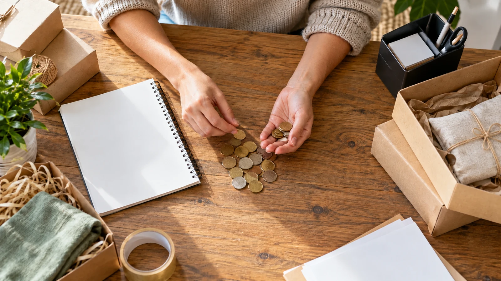 Unas manos cuentan monedas sobre una mesa con una libreta, papel y una caja con materiales de embalaje.