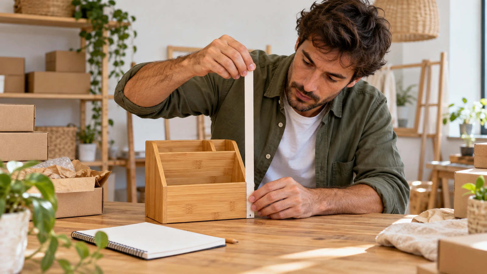 Un hombre mide con una cinta métrica un organizador de madera sobre una mesa junto a una libreta.