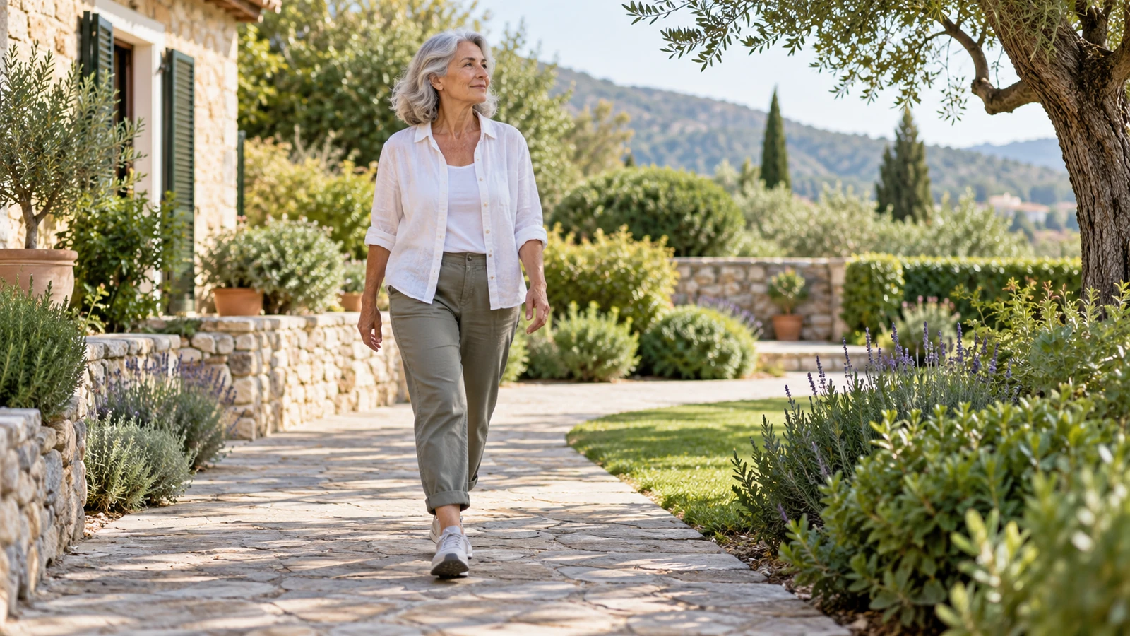 Mujer mayor caminando por un sendero llano de jardín.