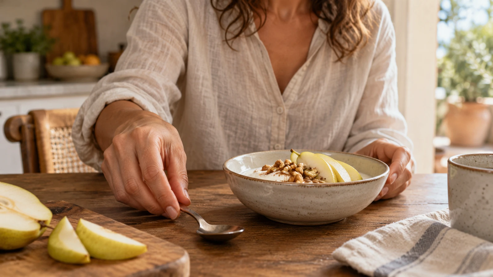 Manos junto a un cuenco de yogur con pera y una cuchara sobre la mesa.