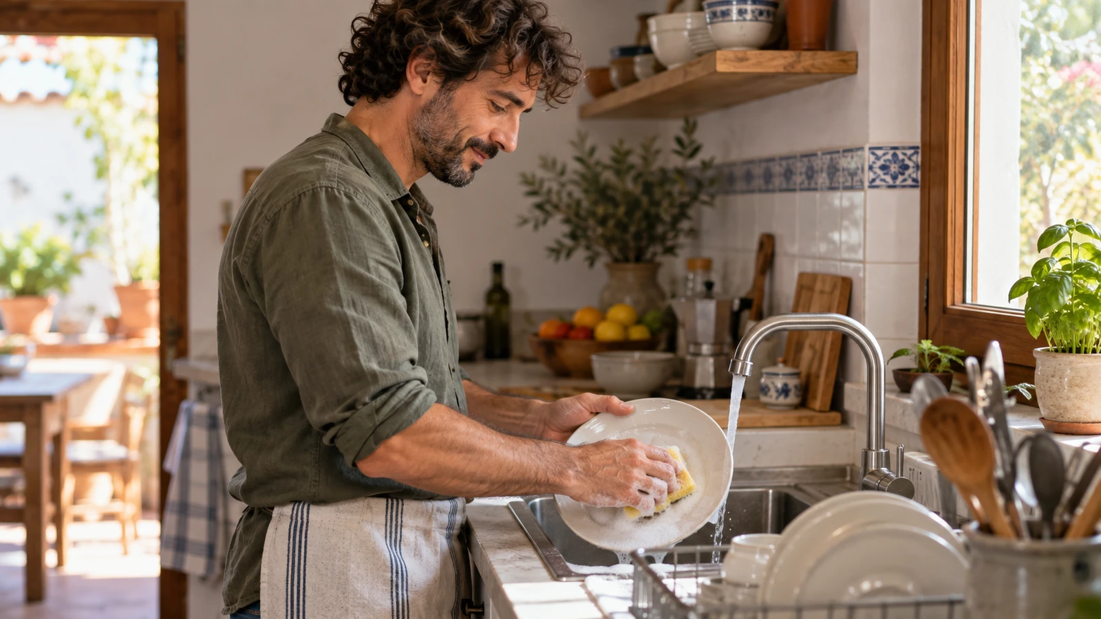 Hombre lavando un plato en una cocina doméstica.