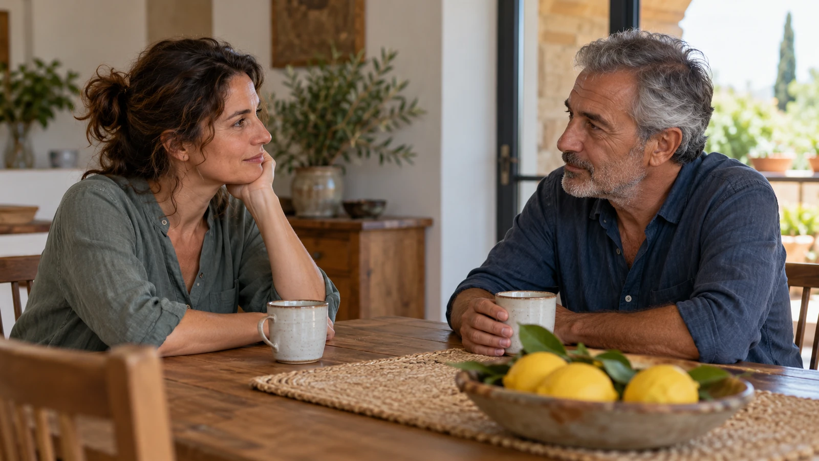 Dos personas conversando con atención junto a una mesa.