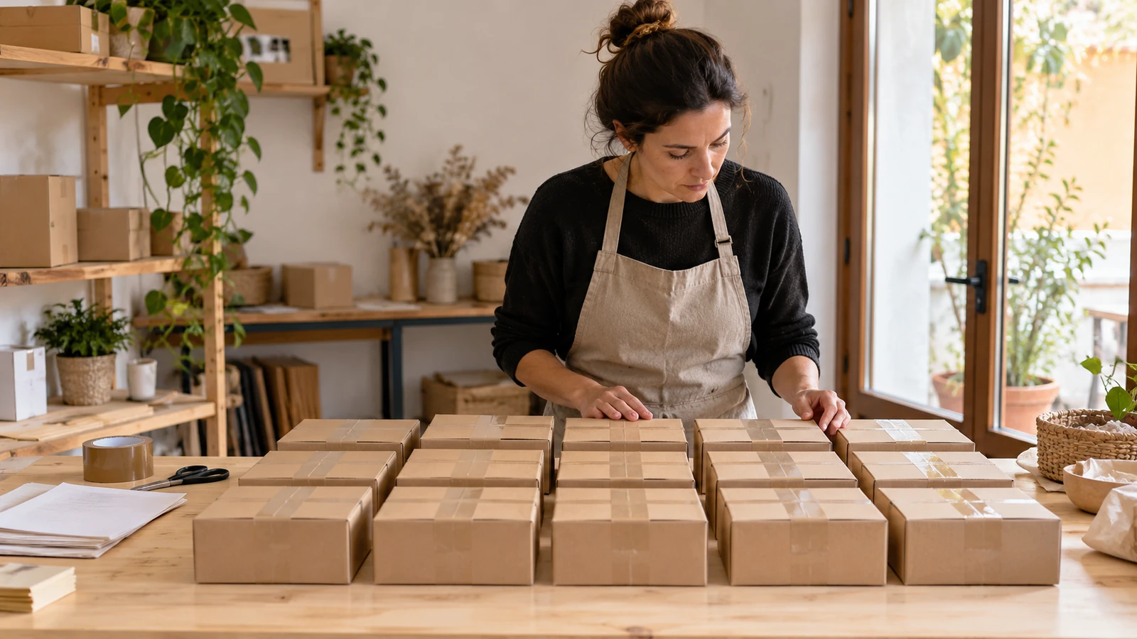 Una mujer revisa varias cajas pequeñas cerradas y alineadas sobre una mesa en un espacio de trabajo.
