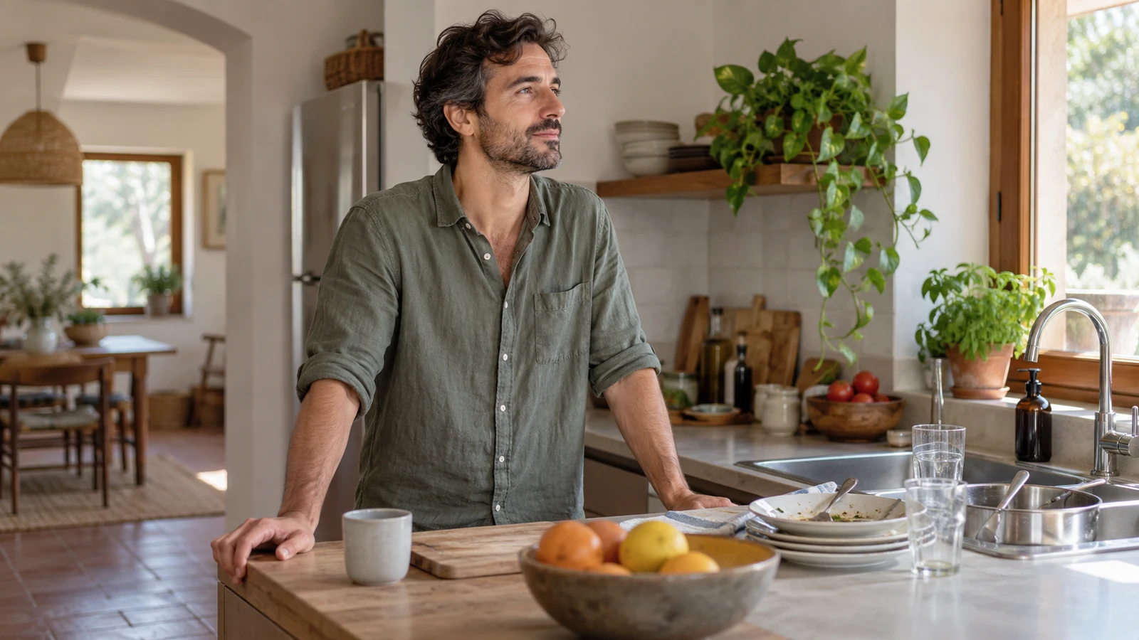 Hombre haciendo una pausa de pie junto a la encimera de su cocina.