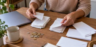 Unas manos ordenan papeles en varios montones sobre una mesa con monedas y una libreta.