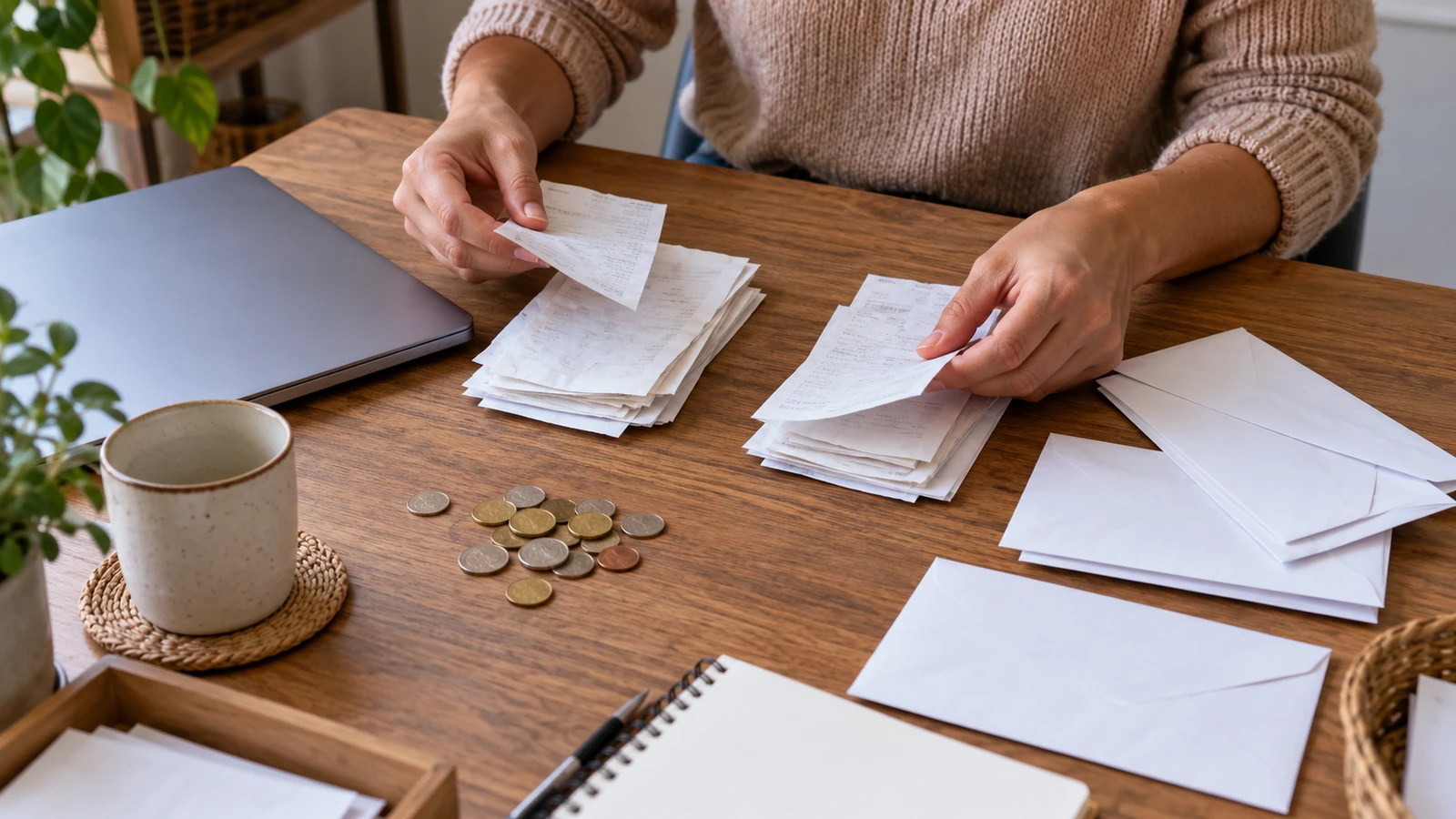 Unas manos ordenan papeles en varios montones sobre una mesa con monedas y una libreta.