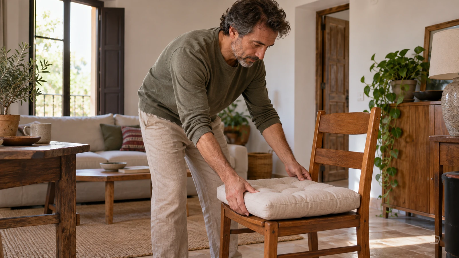 Hombre ajustando un cojín en una silla antes de practicar.