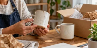 Una persona examina una pieza de cerámica clara junto a otra taza, cajas y materiales de protección.