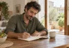 Hombre preparando un plan personal en un cuaderno sobre una mesa.
