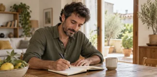 Hombre preparando un plan personal en un cuaderno sobre una mesa.