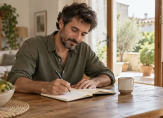Hombre preparando un plan personal en un cuaderno sobre una mesa.