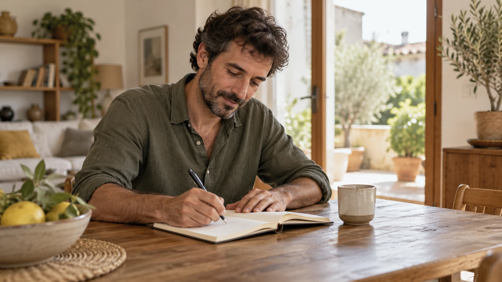Hombre preparando un plan personal en un cuaderno sobre una mesa.