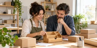 Dos personas revisan un organizador de madera sobre una mesa con un portátil, papeles y material de escritorio.