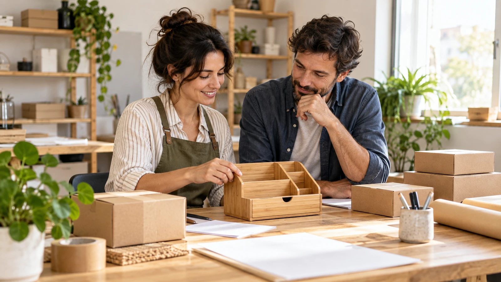 Dos personas revisan un organizador de madera sobre una mesa con un portátil, papeles y material de escritorio.