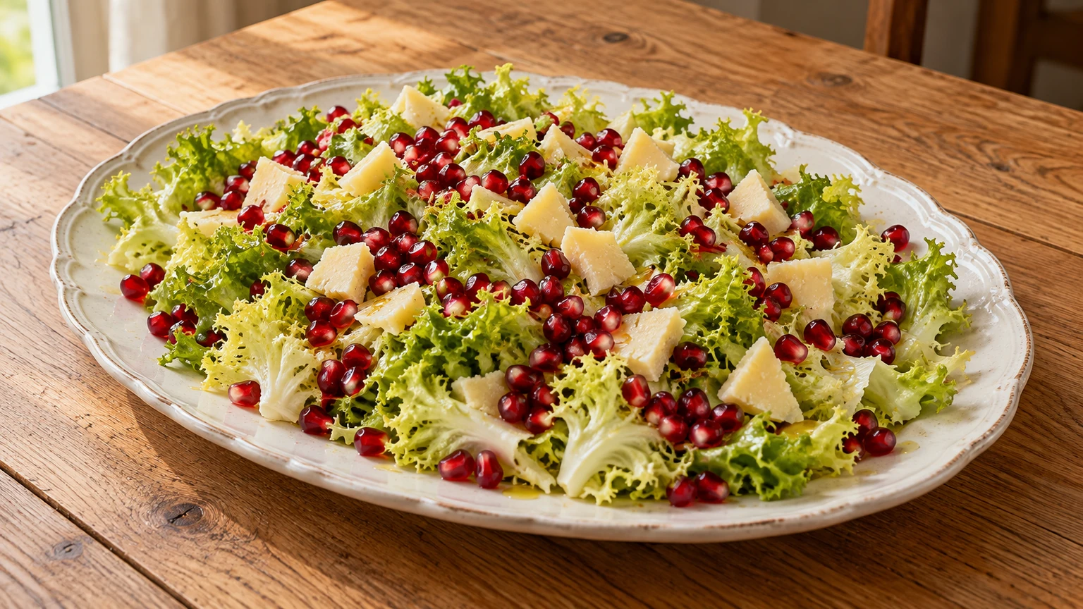 Ensalada de escarola, granada y trozos de queso manchego