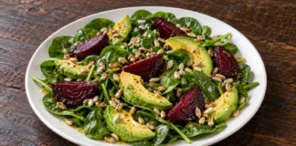Ensalada de espinacas, remolacha y aguacate con pipas de girasol