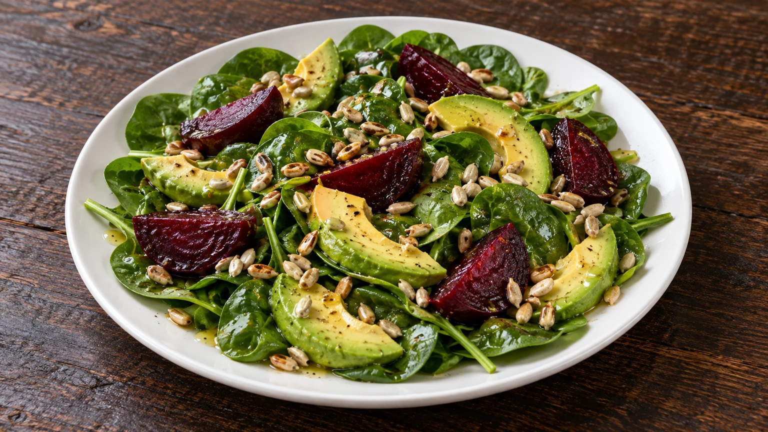 Ensalada de espinacas, remolacha y aguacate con pipas de girasol