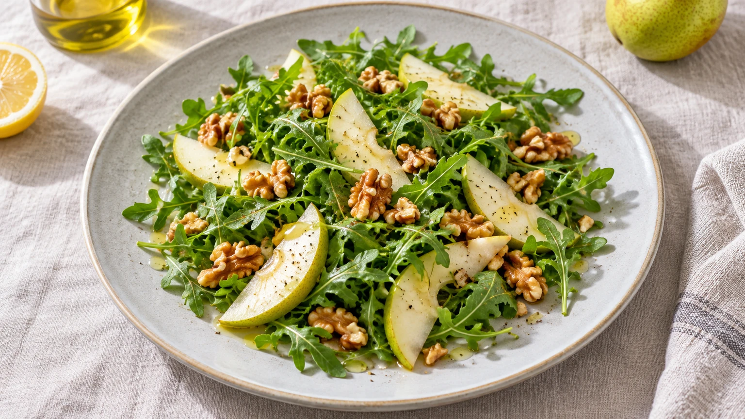 Ensalada de rúcula, pera y nueces con vinagreta de limón