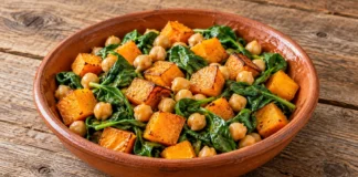 Ensalada de calabaza asada, garbanzos y espinacas