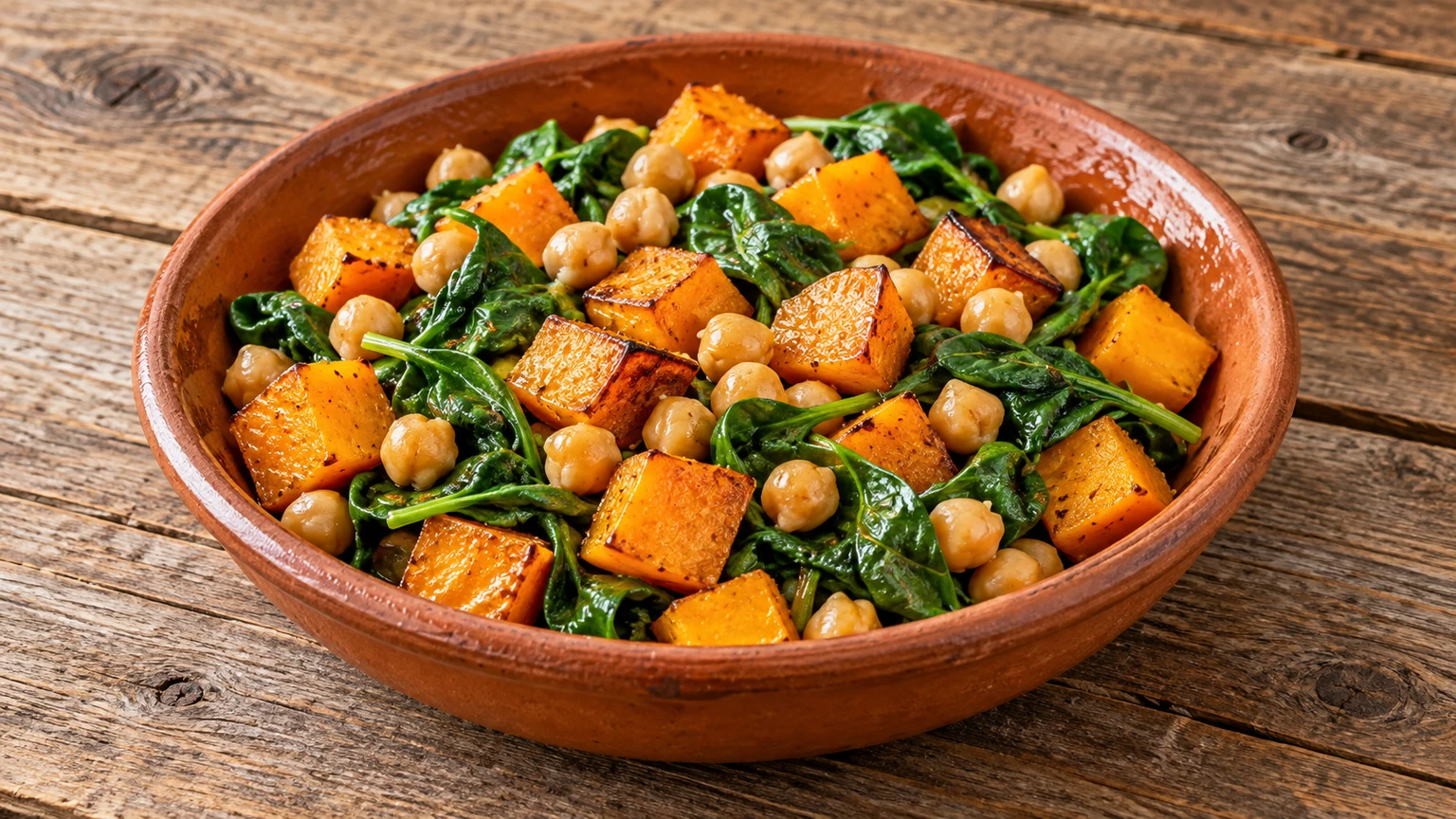 Ensalada de calabaza asada, garbanzos y espinacas