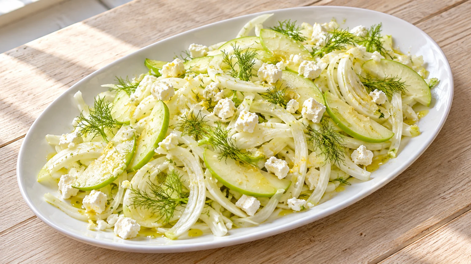 Ensalada de hinojo, manzana y queso feta con un toque de limón