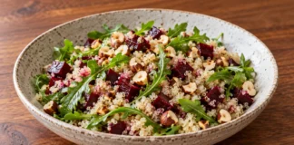 Ensalada de quinoa, remolacha, rúcula y avellanas