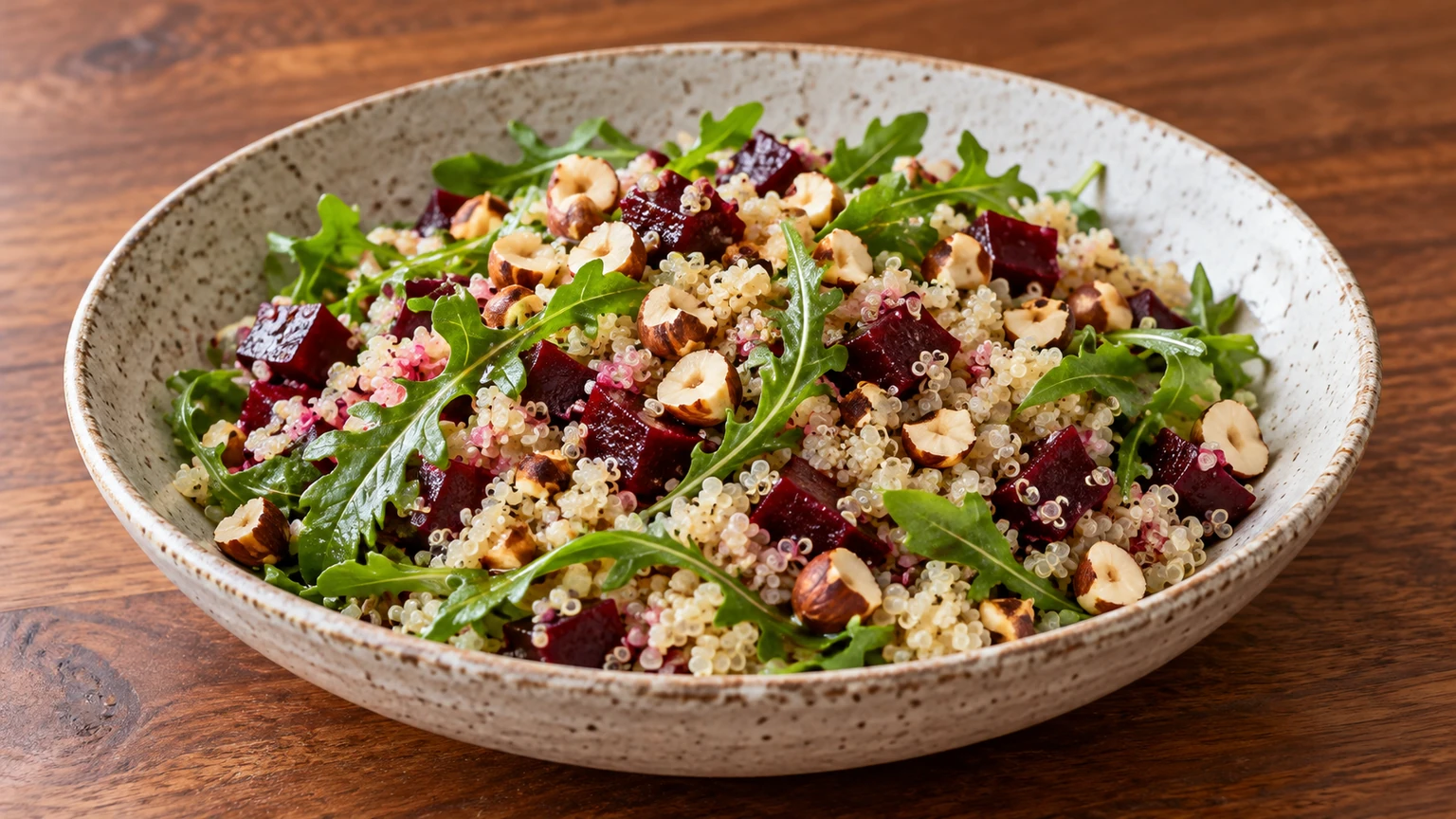 Ensalada de quinoa, remolacha, rúcula y avellanas