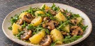 Ensalada tibia de patata, champinones y rúcula