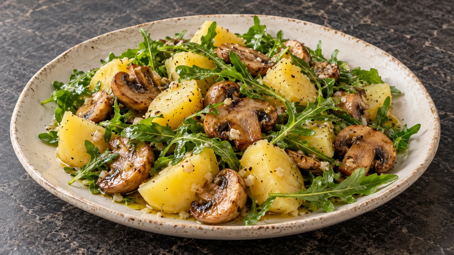 Ensalada tibia de patata, champinones y rúcula